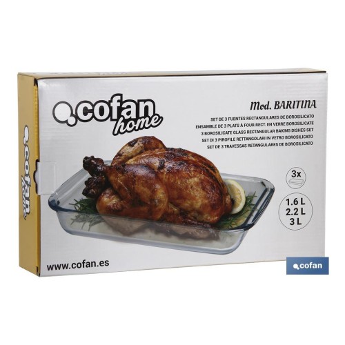 SET DE 3 FUENTES RECTANGULARES DE VIDRIO BOROSILICATO MODELO BARITINA 1600ML-2200ML-3000ML