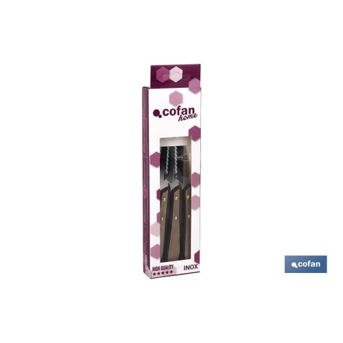PACK 3 CUCHILLO CHULETERO MICRODENTADO HOJA 10cm  MODELO GULASH COLOR NOGAL