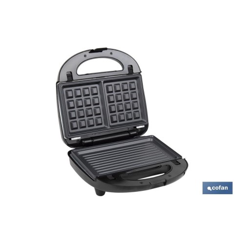 SANDWICHERA MULTIUSOS,GRILL Y GOFRERA 3 EN 1 PLACAS INTERCAMBIABLES  750W 24 X 22,8 X10,9 CM