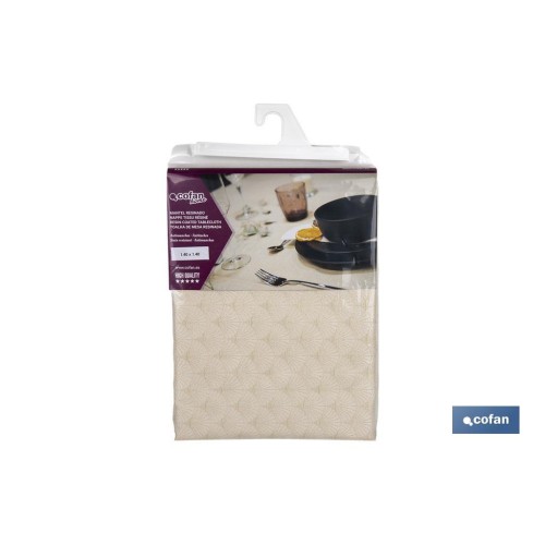 MANTEL ANTIMANCHAS RESINADO CONFECCIONADO 1,40 X 1,40 M 50% PES 45% CO 5% LUREX LINEAS DE ORO
