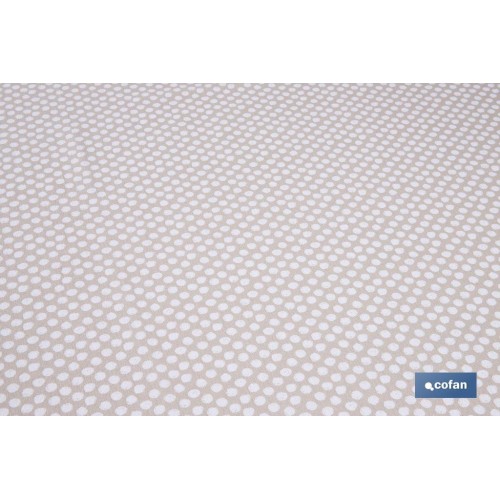 MANTEL REDONDO TOPOS BLANCOS  ANTIMANCHAS RESINADO CONFECCIONADO 50% ALGODÓN 50% POLIESTER 1,40 M