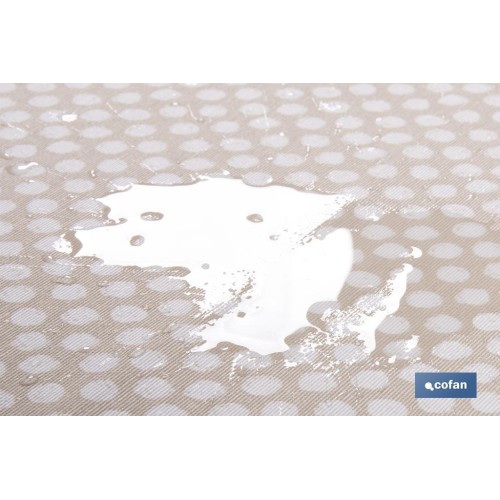 MANTEL REDONDO TOPOS BLANCOS  ANTIMANCHAS RESINADO CONFECCIONADO 50% ALGODÓN 50% POLIESTER 1,40 M