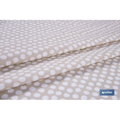 MANTEL REDONDO TOPOS BLANCOS  ANTIMANCHAS RESINADO CONFECCIONADO 50% ALGODÓN 50% POLIESTER 1,40 M