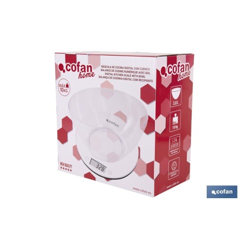 BÁSCULA DE COCINA DIGITAL CON CUENCO DE CAPACIDAD 3,8 L 10 KILOS 25,5 X 14 CM