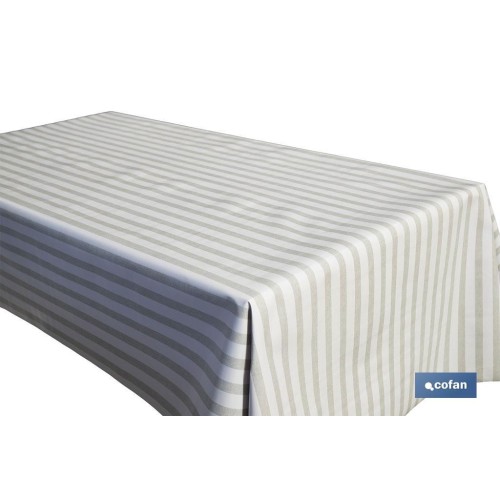 ROLLO DE MANTEL ANTIMANCHAS DE RAYAS BEIGE Y BLANCO 1,40 X 20 M