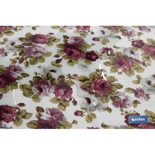 ROLLO MANTEL ANTIMANCHAS RESINADO 50% ALGODON/50% POLIESTER. ROSAS 1,40 x 25 M