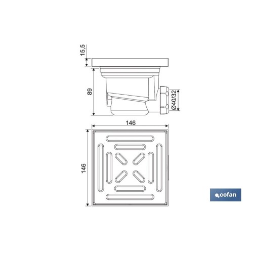 VÁLVULA SIFÓNICA SUMIDERO 146x146 MM CON SALIDA Ø32-40 Y TAPA ACERO INOX.