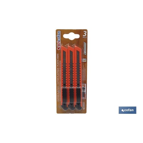 PACK 3 CUTTERS ABS EN BLISTER HOJA 9 MM