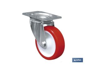 Rueda de poliuretano y placa giratoria | Con cojinete liso | Para pesos de hasta 150 kg y diámetros de 80, 100 y 125 mm