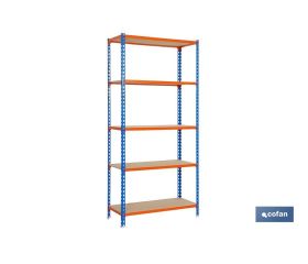 Estantería de acero | Color azul y naranja | Disponible con 5 baldas de madera | Medidas: 200 x 100 x 50 cm