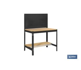 Banco de trabajo | Incluye panel perforado y 2 estantes de madera | Disponible en color antracita | Medidas: 1445 x 910 x 610 mm