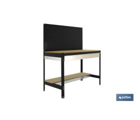 Banco de trabajo | Incluye panel perforado, 2 estantes de madera y 1 cajón | Disponible en color antracita | Medidas: 1445 x 1210 x 610 mm