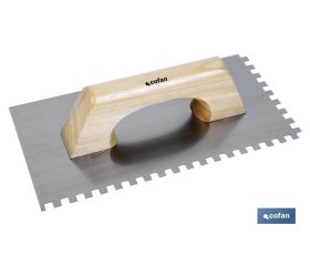 Paleta modelo llana dentada | Longitud: 275 x 115 mm | Dentado: 8 x 8 mm | Para la construcción | Mango de madera