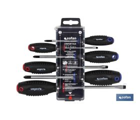 Juego de 3 destornilladores planos y 3 destornilladores Phillips | Modelo Comfort plus | En estuche especial con colgador