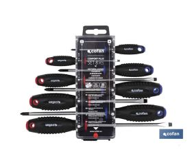 Juego de 4 destornilladores planos y 4 destornilladores Phillips | Modelo Comfort plus | En estuche especial con colgador