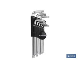 Juego de 9 llaves acodadas Torx | Versión larga | Contenido de medidas desde T-10 hasta T-50