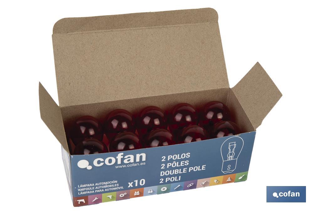 LÁMPARA COFAN 2 POLOS ROJA DESCENTRADA P21/5W (BAW15D) 12V