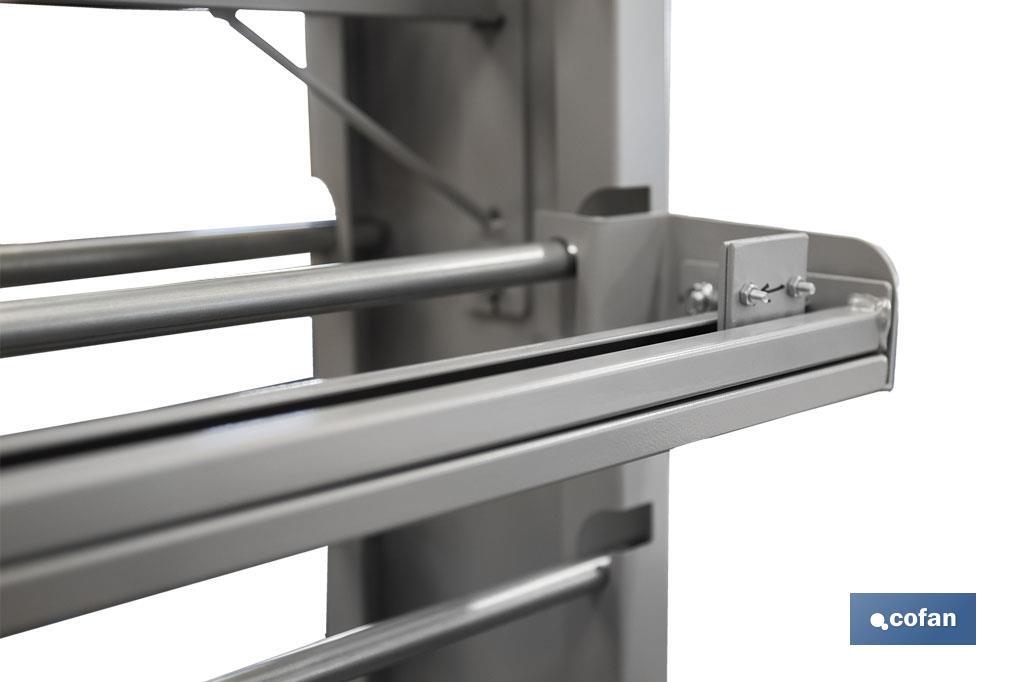 EXPOSITOR DE HULES Y MANTELES HORIZONTAL CON CORTADOR Y RUEDAS PARA 22 ROLLOS