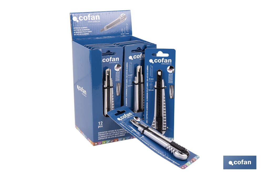 EXPOSITOR DE CÚTER DE ALUMINIO 9 MM 12 UDS.