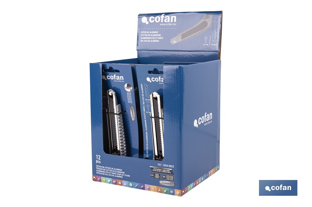 EXPOSITOR DE CÚTER DE ALUMINIO 18 MM 12 UDS.