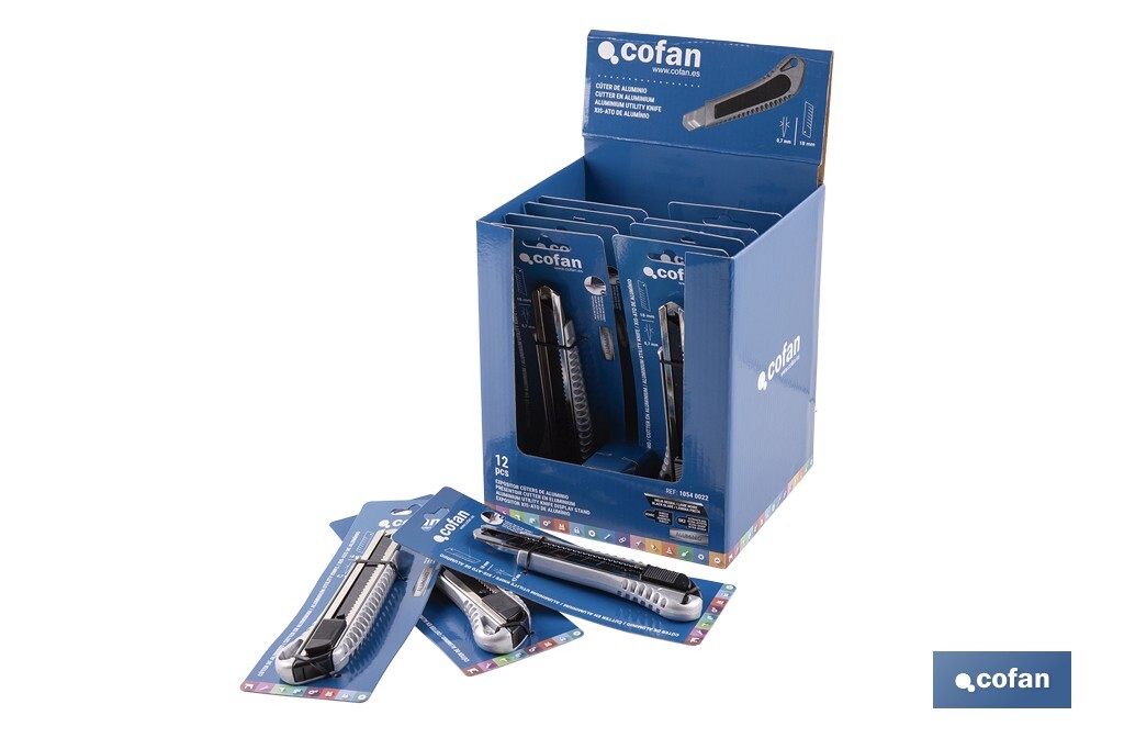 EXPOSITOR DE CÚTER DE ALUMINIO 18 MM 12 UDS.