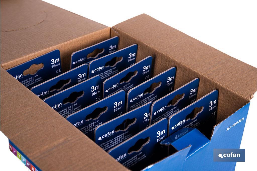 EXPOSITOR FLEXÓMETRO HOJA NEGRA DOBLE CARA 16 MM X 3 M 12 UDS.