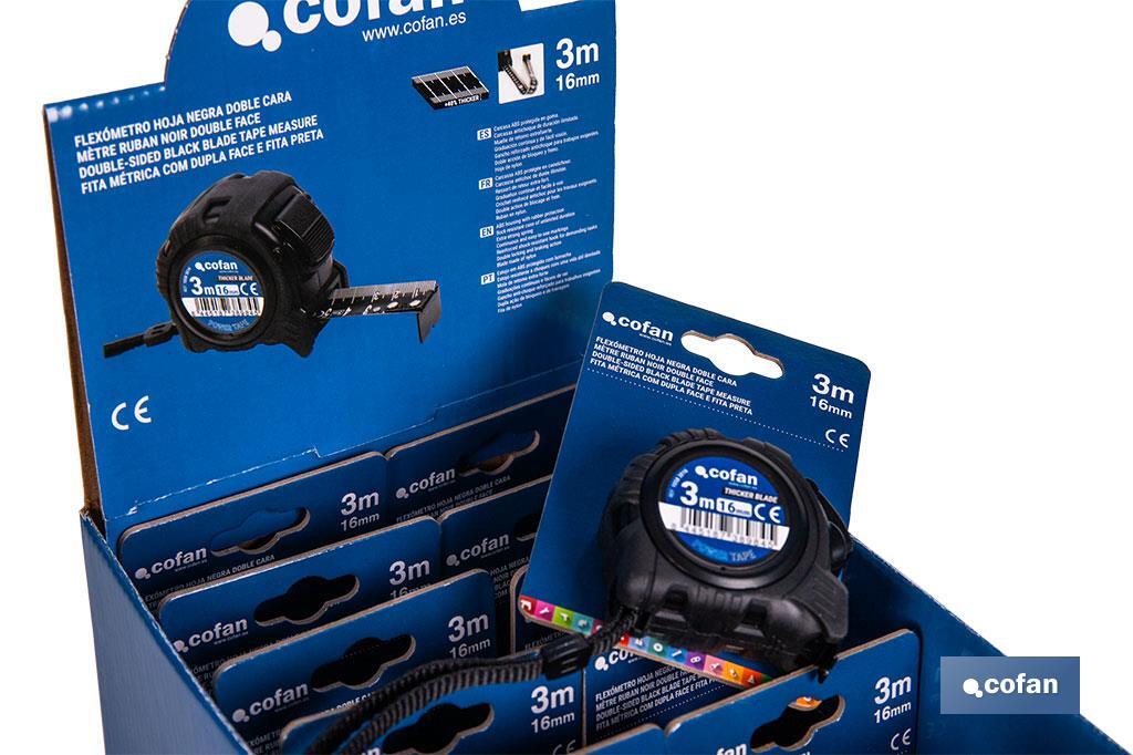 EXPOSITOR FLEXÓMETRO HOJA NEGRA DOBLE CARA 16 MM X 3 M 12 UDS.