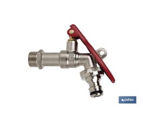 Grifo con maneta y toma para candado | Entrada de 1/2 y salida de 3/4 | Adecuado para manguera | PN: 25 bar