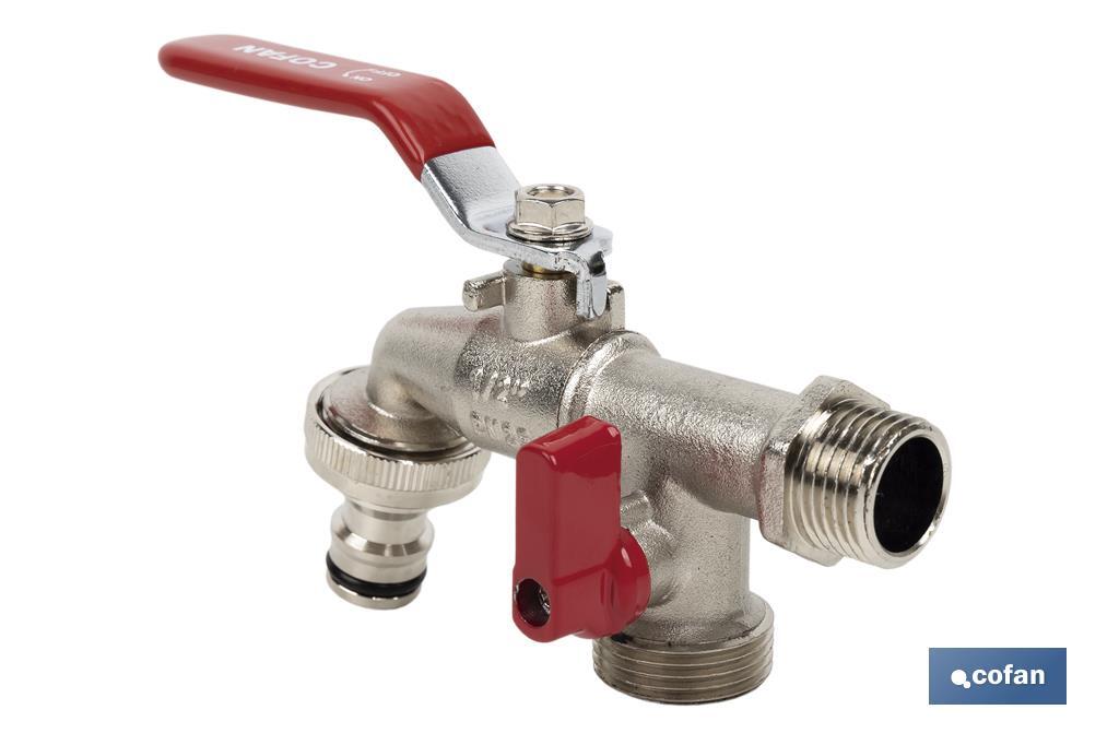 GRIFO CON MANETA PARA MANGUERA Y DOBLE SALIDA 1/2 X 3/4 X 3/4