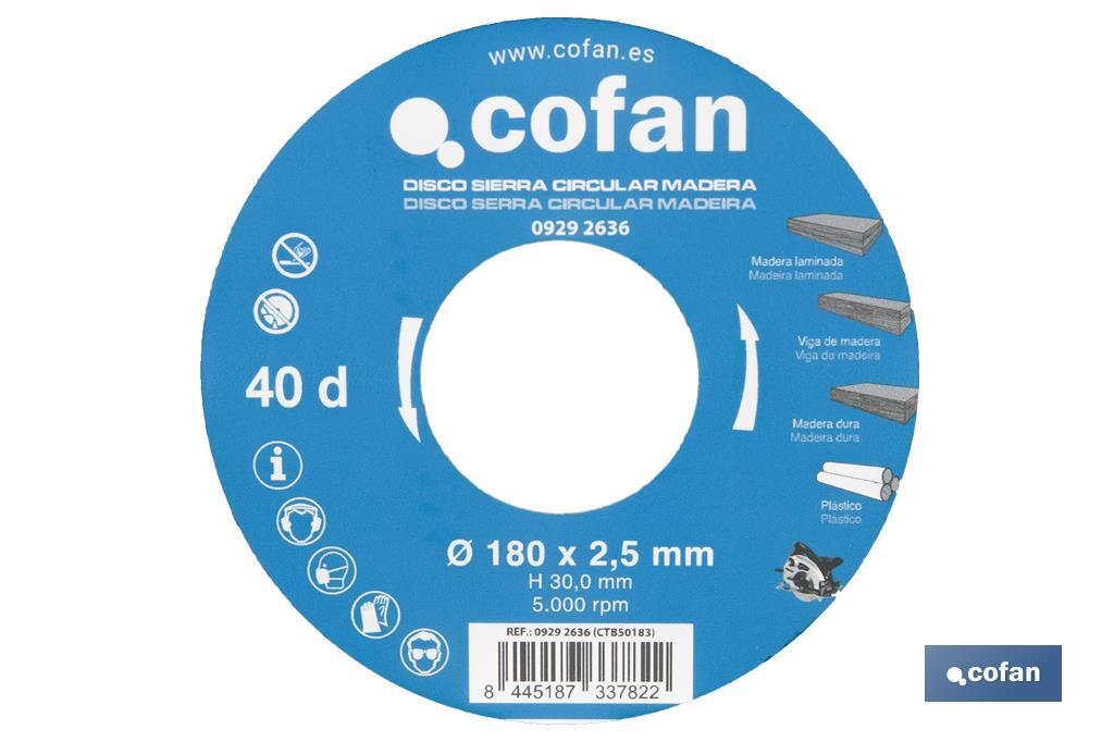 DISCO DE SIERRA CIRCULAR PARA MADERA Ø180 X 2,5 X 30 MM, 40 DIENTES