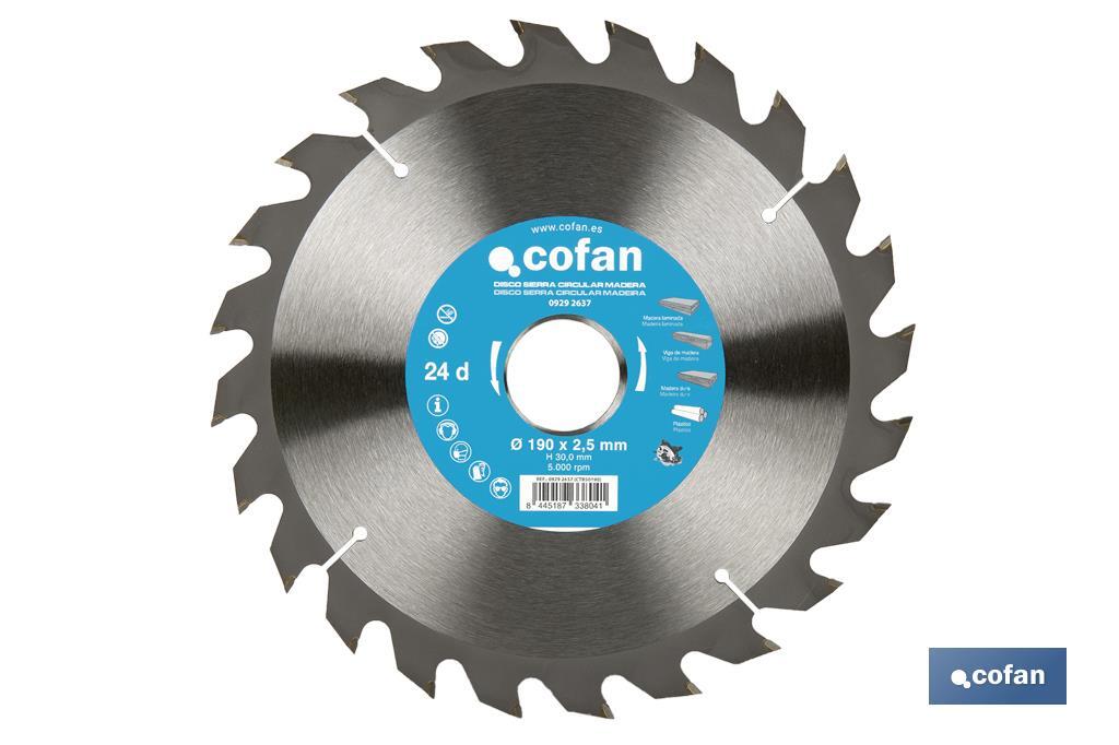 DISCO DE SIERRA CIRCULAR PARA MADERA Ø190 X 2,5 X 30 MM, 24 DIENTES
