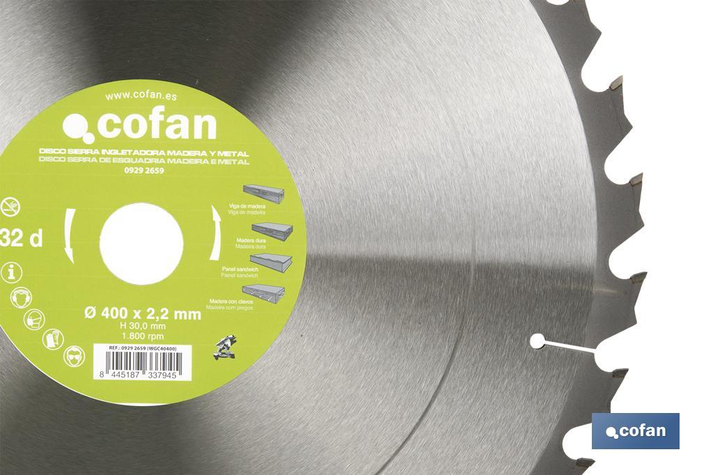 DISCO DE SIERRA INGLETADORA PARA MADERA/METAL Ø400 X 2,2 X 30 MM, 32 DIENTES