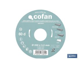 DISCO DE SIERRA INGLETADORA PARA MADERA CON INSERTOS DE METAL DURO Ø250 X 3,2 X 30 MM, 60 DIENTES