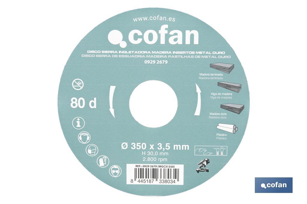 DISCO DE SIERRA INGLETADORA PARA MADERA CON INSERTOS DE METAL DURO Ø350 X 3,5 X 30 MM, 80 DIENTES