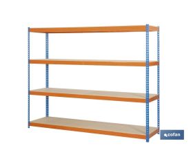 ESTANTERÍA MEDIA CARGA AZUL/NARANJA 4 BALDAS DE MADERA 2000 X 1500 X 600 MM