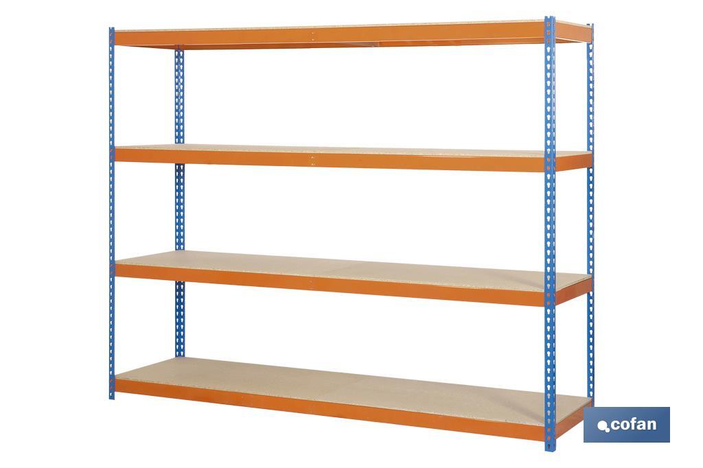 ESTANTERÍA MEDIA CARGA AZUL/NARANJA 4 BALDAS DE MADERA 2000 X 2100 X 600 MM