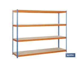 ESTANTERÍA MEDIA CARGA AZUL/NARANJA 4 BALDAS DE MADERA 2000 X 2400 X 600 MM