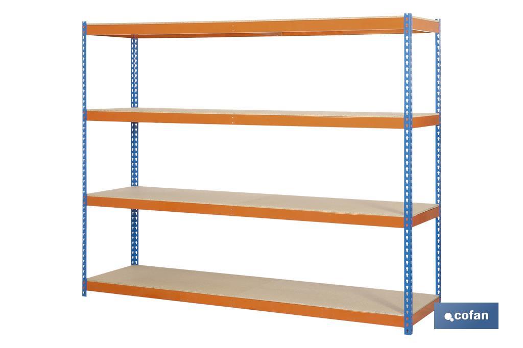 ESTANTERÍA MEDIA CARGA AZUL/NARANJA 4 BALDAS DE MADERA 2000 X 2400 X 600 MM