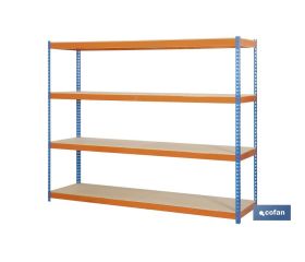 ESTANTERÍA MEDIA CARGA AZUL/NARANJA 4 BALDAS DE MADERA 2000 X 2400 X 600 MM