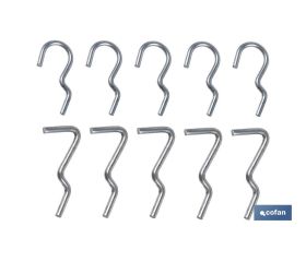 Set de 10 ganchos simples | Adecuado para panel de herramientas perforado | Varias medidas | Material: acero zincado