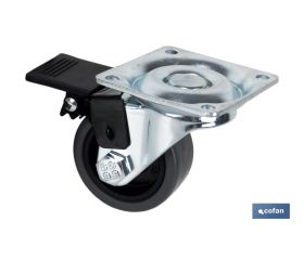 Rueda de goma gris con placa giratoria y freno | Diámetro: 40 mm | Hasta 32 kg de peso