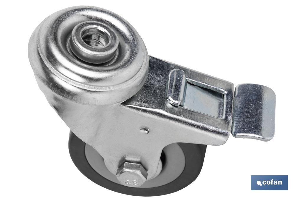 RUEDA DE GOMA GRIS CON AGUJERO PASANTE Y FRENO Ø50 X 18 MM