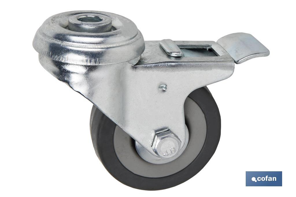 RUEDA DE GOMA GRIS CON AGUJERO PASANTE Y FRENO Ø50 X 18 MM