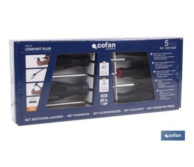 Juego de 3 destornilladores planos y 2 destornilladores Phillips | Modelo Comfort plus | En estuche especial de cartón