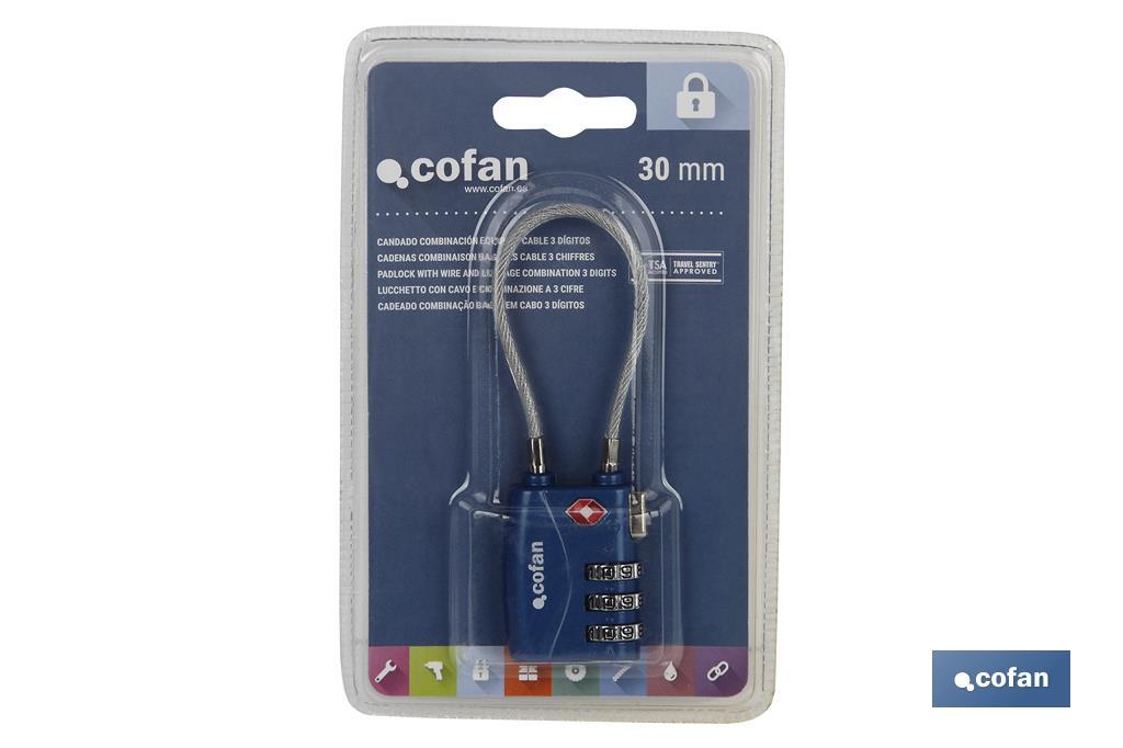 CANDADO COMBINACIÓN EQUIPAJE TSA CABLE 3 DÍGITOS 30 MM