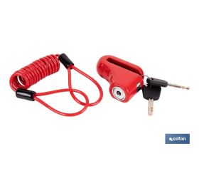 Candado de freno de disco | Cable rojo de 1 metro | Ideal para bicicleta, moto o patinete | Incluye 2 llaves tubulares | Cuerpo de aleación | Medidas: 7,5 x 2,5 x 5,8 cm