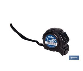 Flexómetro de hoja negra con impresión a doble cara | Carcasa de ABS | Funda antichoque | Botón de bloqueo automático | Disponible con cinta de 3, 5 y 8 metros de longitud