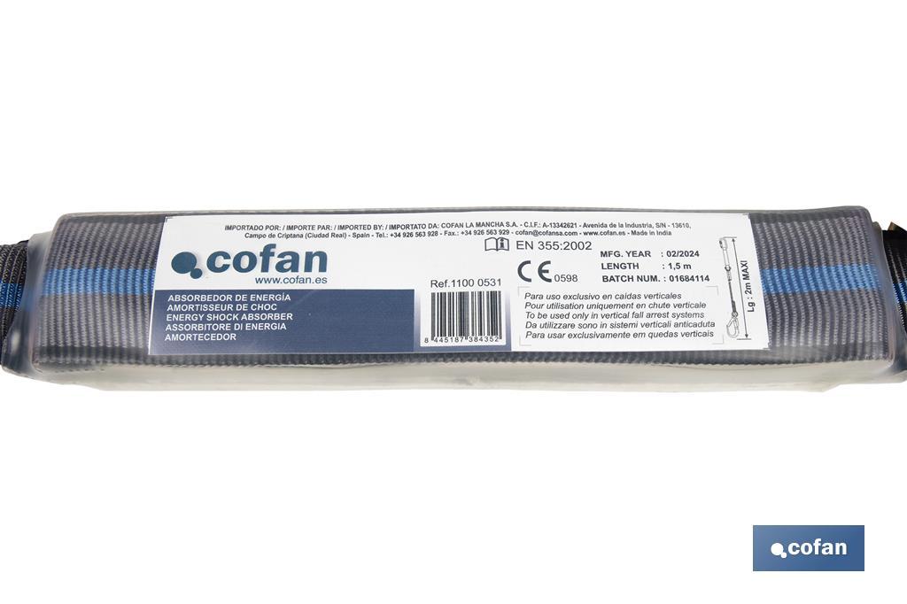 ESLINGA BIFURCADA DE CUERDA TRENZADA CON ABSORBEDOR DE ENERGÍA 1,50 M Y 2 GANCHOS