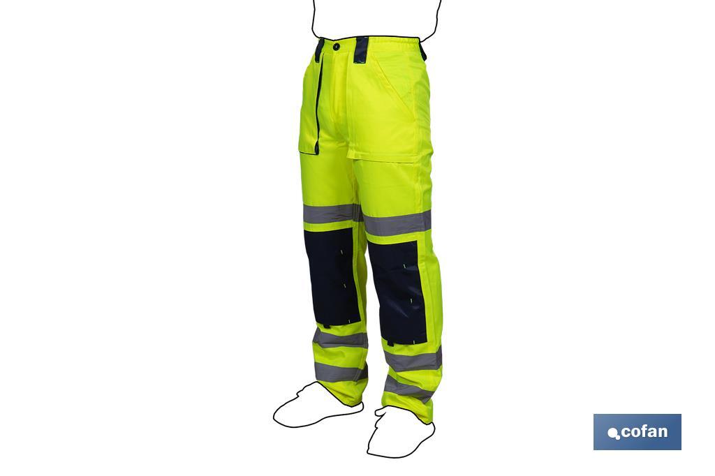 PANTALÓN DE ALTA VISIBILIDAD MODELO SIRIO AMARILLO Y AZUL MARINO TALLA M