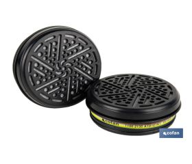Set de 2 filtros para media máscara | Filtros de tipo A1B1E1K1 | Cartucho de polietileno de alta densidad | Protección contra gases y vapores orgánicos | Conforme con EN 14387:2004+A1:2008